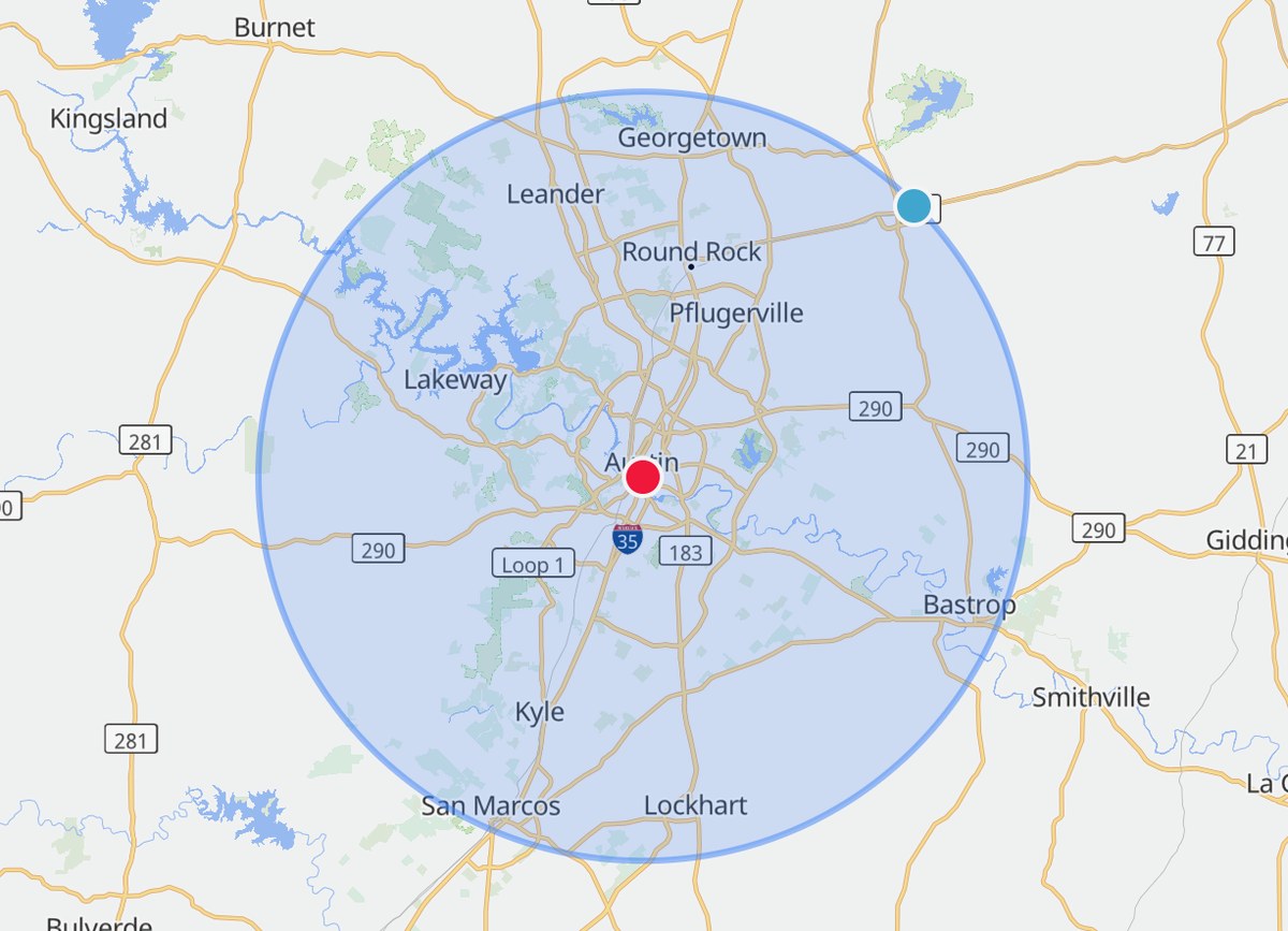 Virtus Construction service area map centered on Austin, Texas